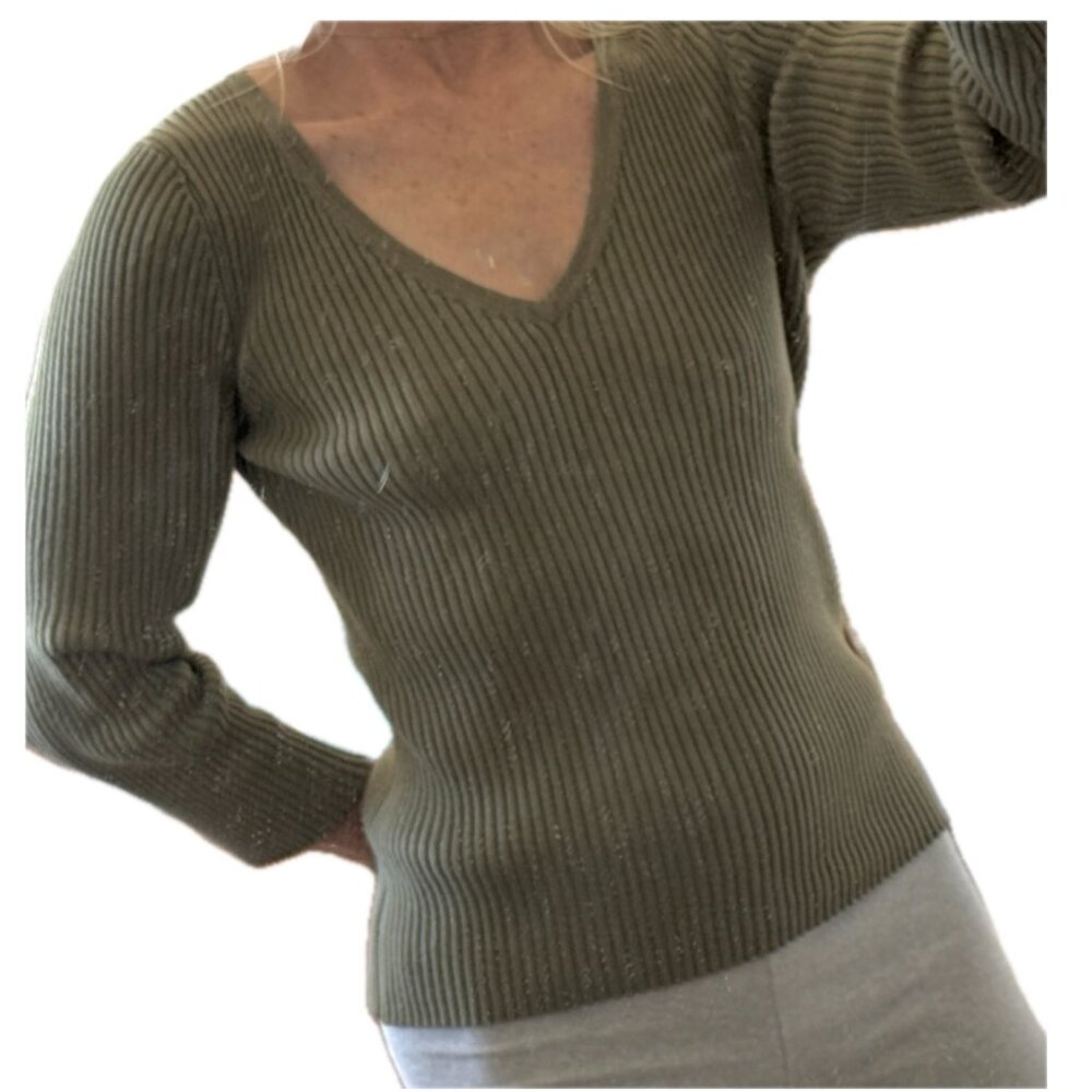 Silk Ribbed V Neck Sweater Top Long Sleeve Forest Green Spenser Jeremy Sz Med